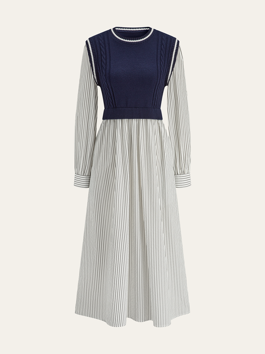 2 in 1 Cable-Knit Paneled Striped Midi Dress