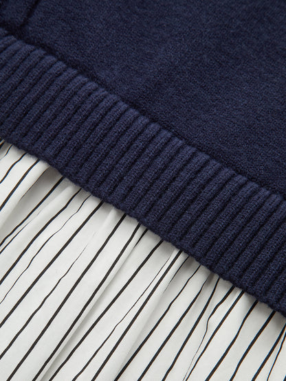 2 in 1 Cable-Knit Paneled Striped Midi Dress