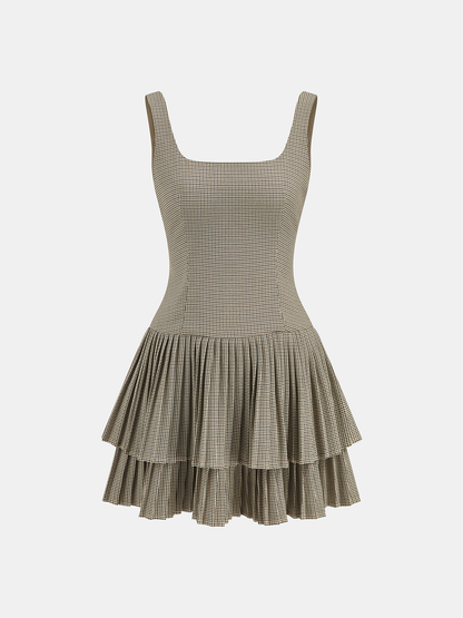 Square Neck Pleated Gingham Tiered Dress