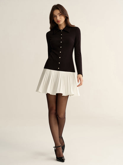 Contrast Pleated Hem Collared Mini Dress