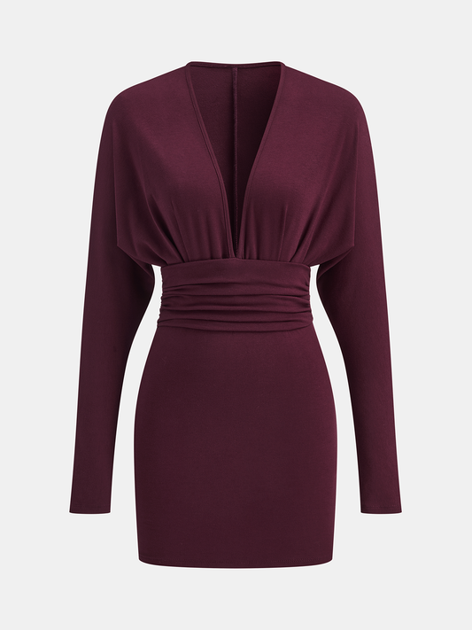 Deep V-Neck Ruched Long-Sleeve Mini Dress