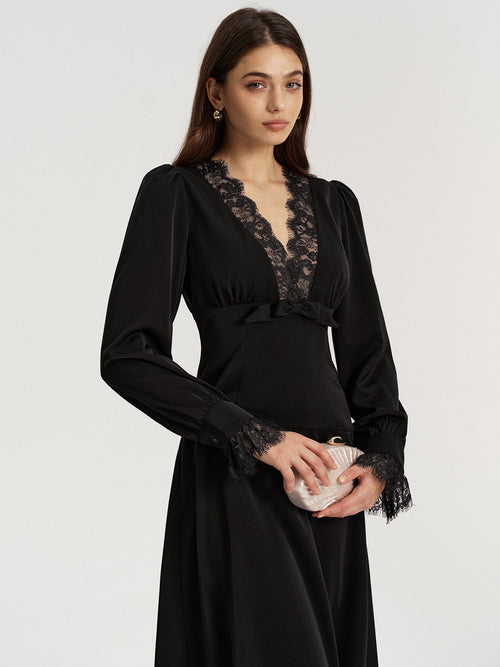 Lace V-Neck Bow Detail Satin Midi Dress