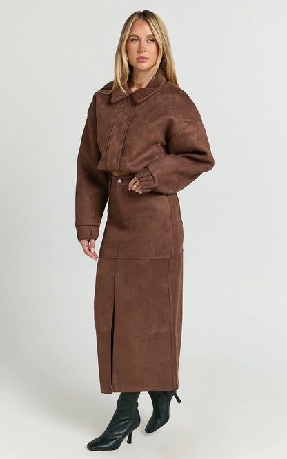 Nessa Midi Skirt - High Waisted Fitted Suede Skirt in Dark Chestnut