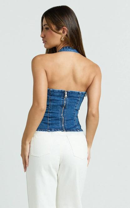 Nicky Top - Denim Hardware Buckle Halter Neck Top in Dark Blue Wash