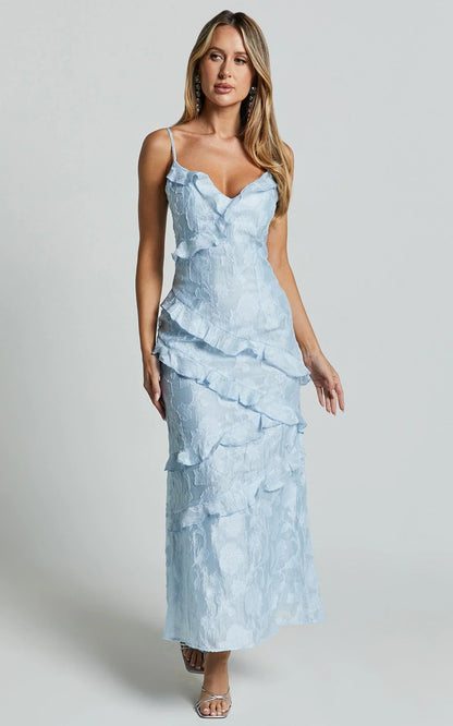 Michaela Midi Dress - Jacquard Ruffle Detail Tiered Dress in Light Blue
