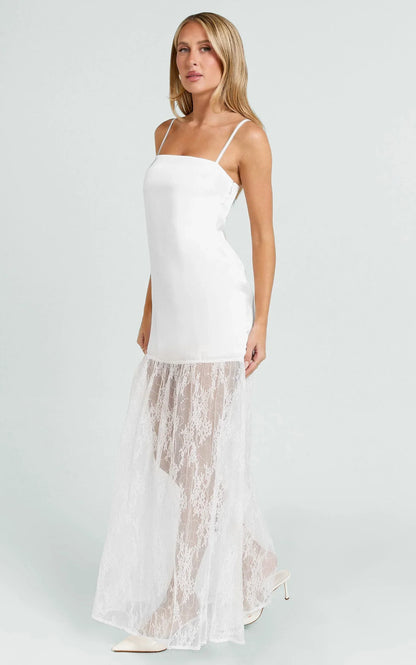 Loren Maxi Dress - Square Neck Contrast Skirt Dress in White