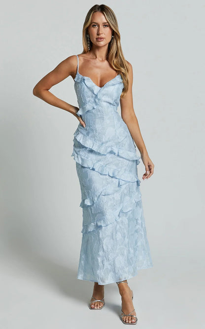 Michaela Midi Dress - Jacquard Ruffle Detail Tiered Dress in Light Blue