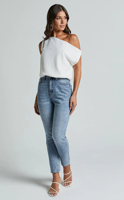Mabel Bodysuit - Asymmetrical Neckline One Shoulder in White