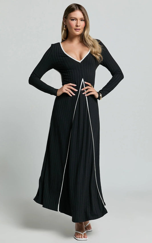 Margie Midi Dress - Long Sleeve Contrast Bind Ribbed Dress in Black
