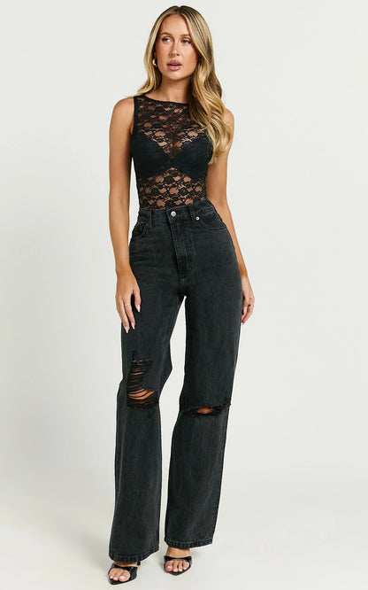 Miho Jeans - High Waisted Recycled Cotton Distressed Straight Leg Denim Jeans in Washed Black