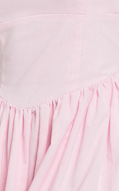 Morris Midi Dress - Linen Scoop Neck Gathered Dress in Pink