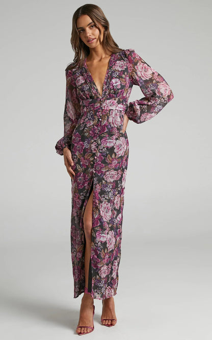 Lorelei Maxi Dress - V Neck Balloon Sleeve Dress in Harvest Floral