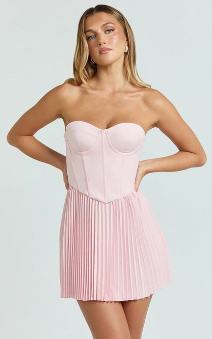 Loretta Mini Dress - Lace Up Corset Pleated Dress in Soft Pink