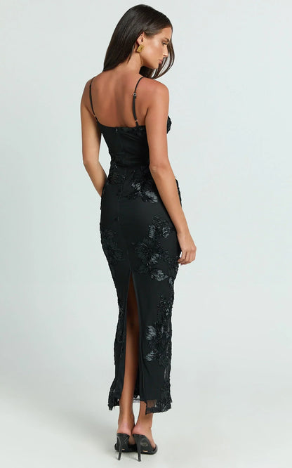 Mina Midi Dress - Embroidered Mesh Dress in Black