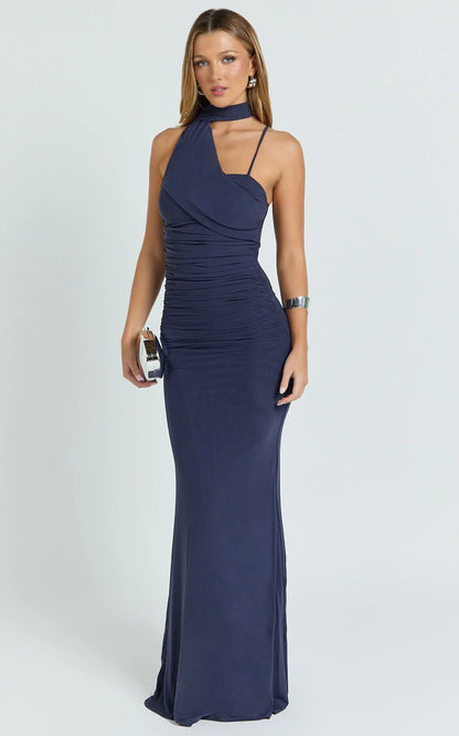 Larson Maxi Dress - Asymmetric Tie Neck Column Dress in Ink