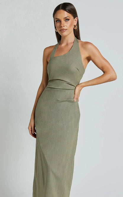 Lindley Midi Dress - Halter Neck Linen Look Dress in Olive