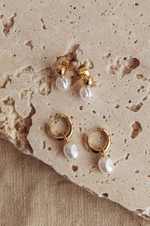 Isadore Hoop And Stud Earrings Set Gold Pearl
