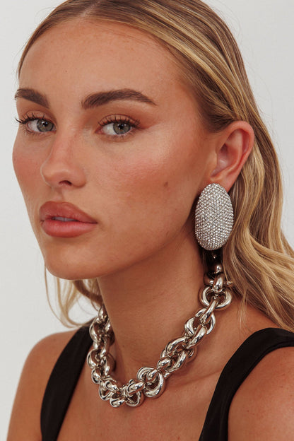 Candice Oval Cabochon Earrings Silver Diamante