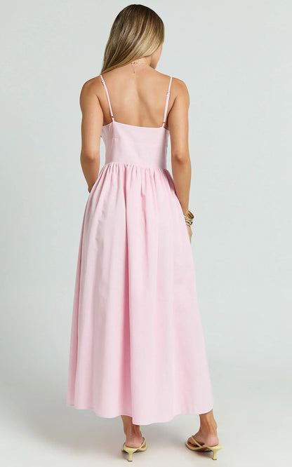 Morris Midi Dress - Linen Scoop Neck Gathered Dress in Pink