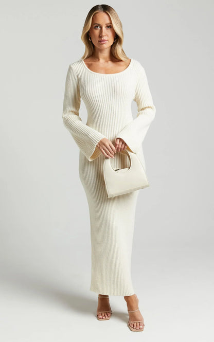 Nina knitted Maxi Dress - Scoop Neck Knitted Maxi Dress in Beige